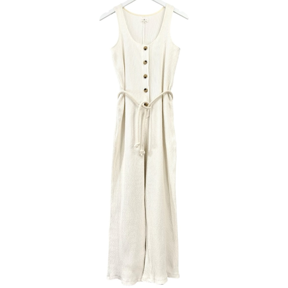 Lou & Grey Cream White Rib Knit Belted Overall Sleeveless Jumpsuit sz S